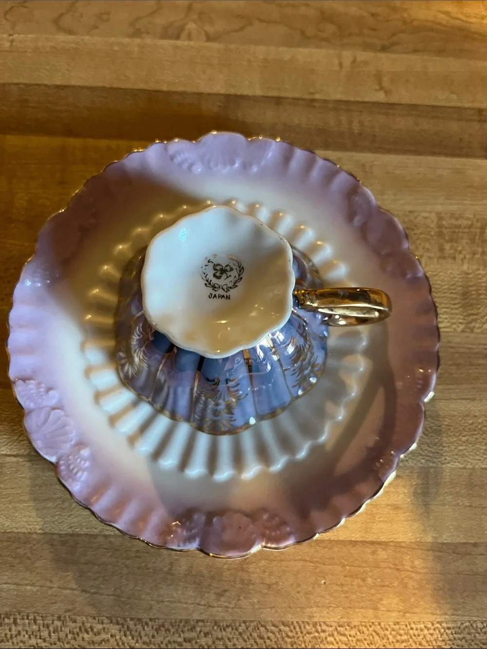 Vintage Japanese Lusterware Porcelain Teacup and Saucer Set with Gold Gilt Trim